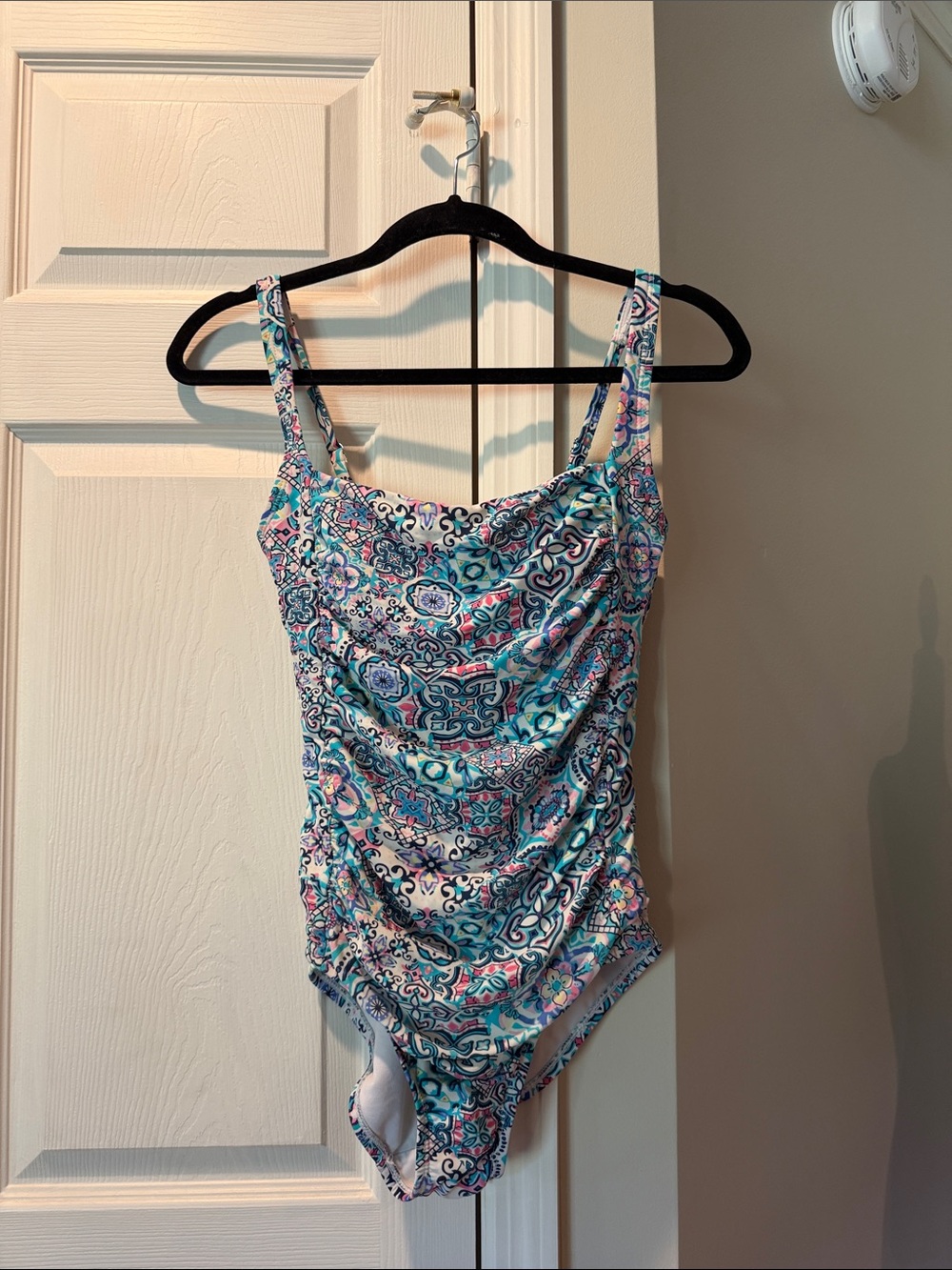 Women's Tile-Print Ruched One-Piece Swimsuit - Blue & Pink